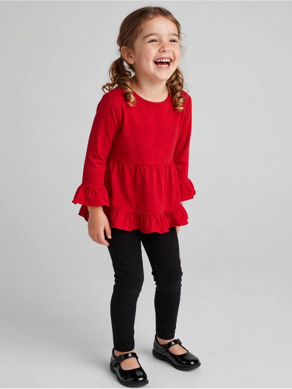 Little Girls Flounce Sleeve Ruffle Hem Red Shirt Size 5T